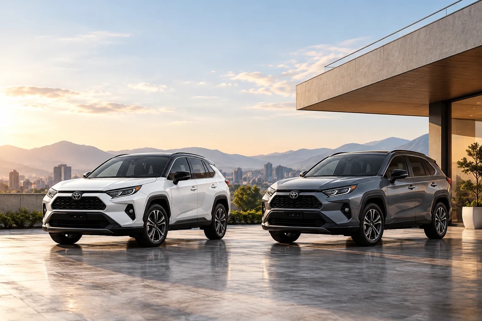 Two identical SUVs, one white and one grey, parked side by side